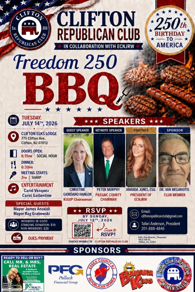 Clifton Republican Club Freedom 250 BBQ meeting flyer, July 14, 2026