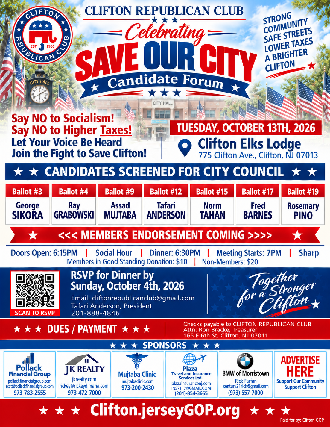 Clifton Republican Club Save Our City Candidate Forum flyer for October 13, 2026